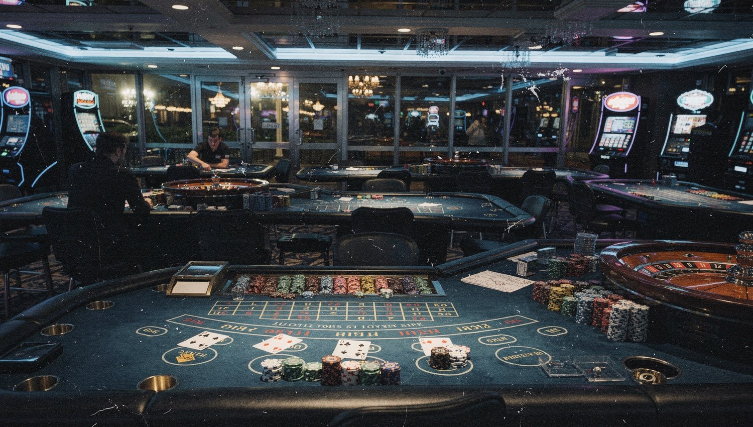 ServerHopCollective casino gaming floor at night with cool-blue felt tables and slot glow